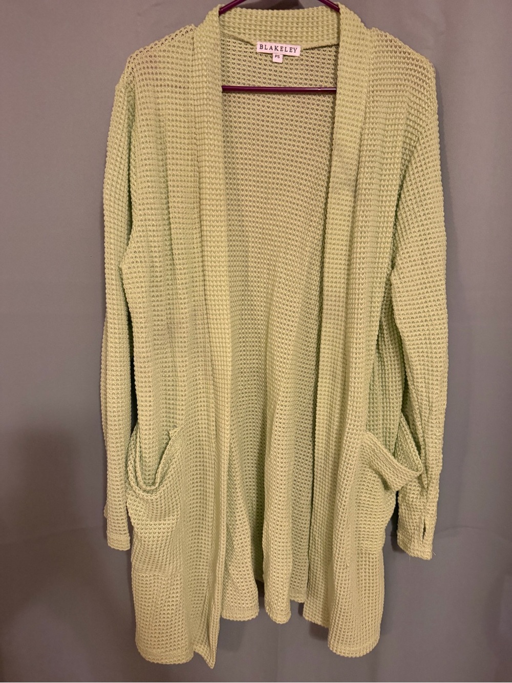 Blakeley Light Green Waffle-Knit Open Cardigan with Pockets